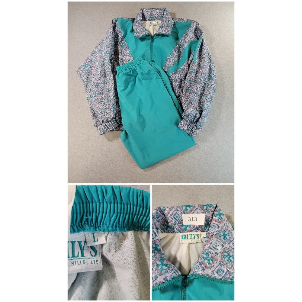 Vintage Lilys of Beverly Hills Tracksuit Teal Geometric Windbreaker Set Large